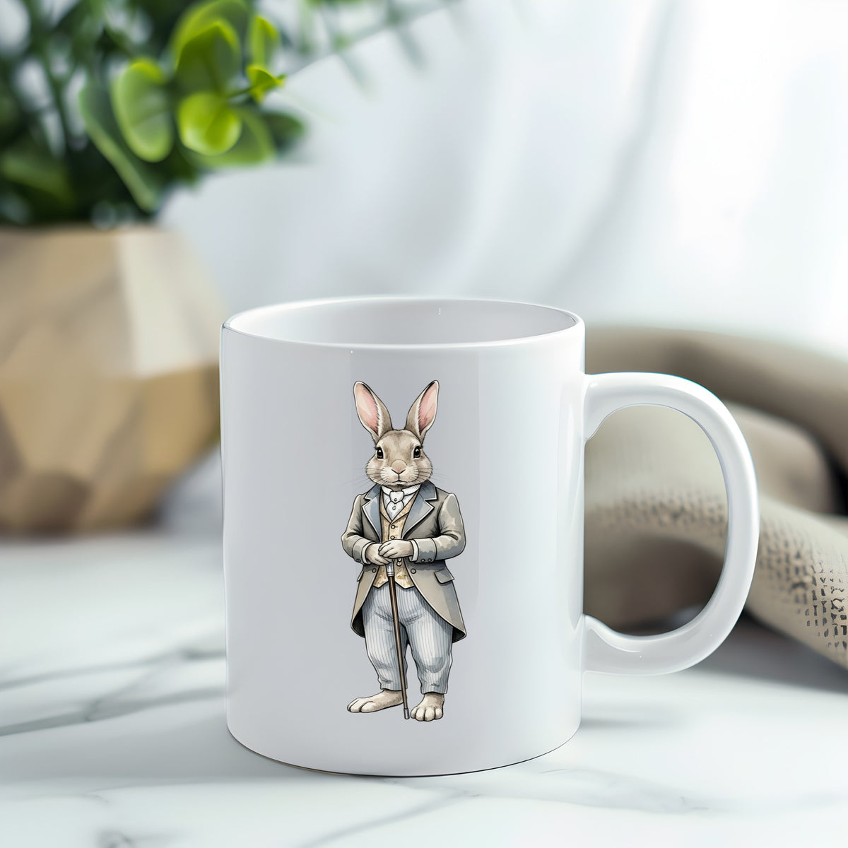 Gray Bunny Victorian Suit Cane UV DTF sticker applied to a white coffee mug