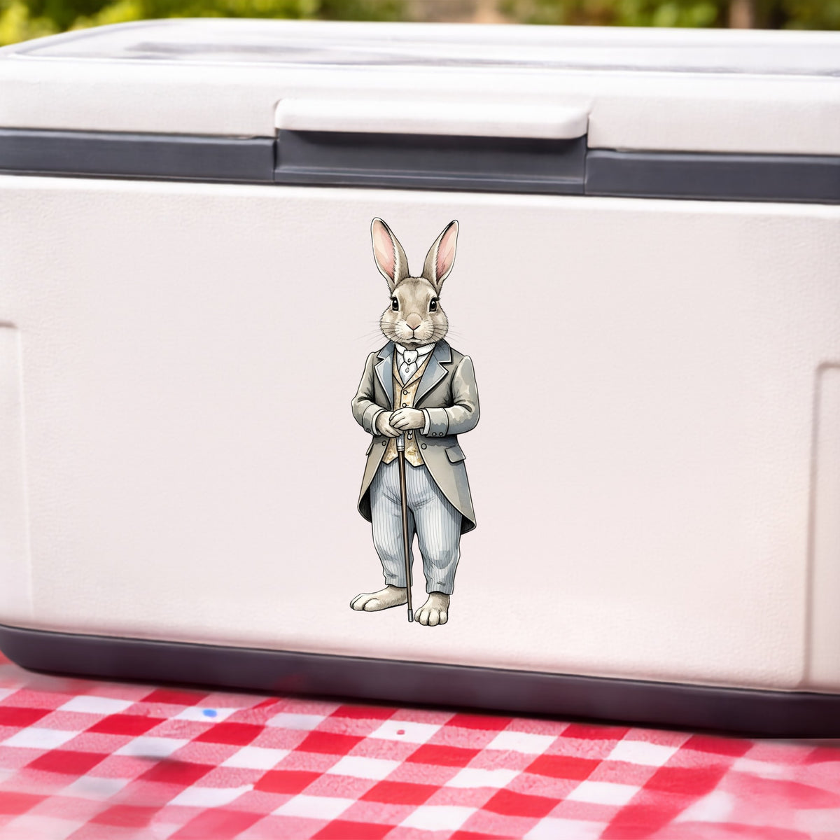 Gray Bunny Victorian Suit Cane UV DTF sticker applied to a white cooler on a red gingham cloth