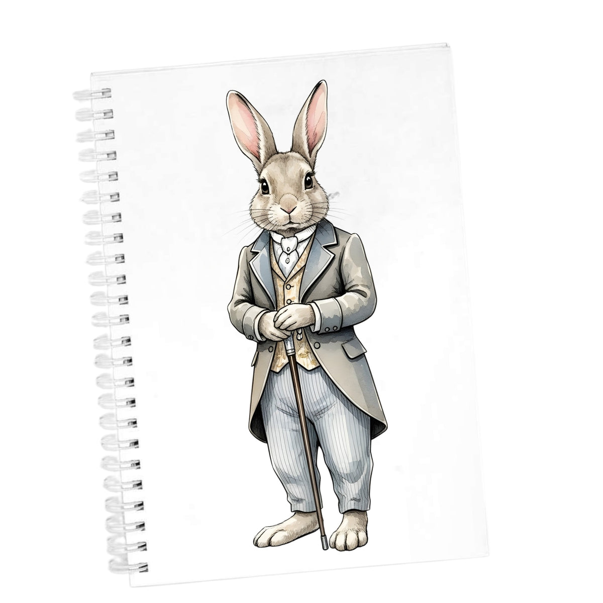 Gray Bunny Victorian Suit Cane UV DTF sticker applied to the cover of a white spiral journal