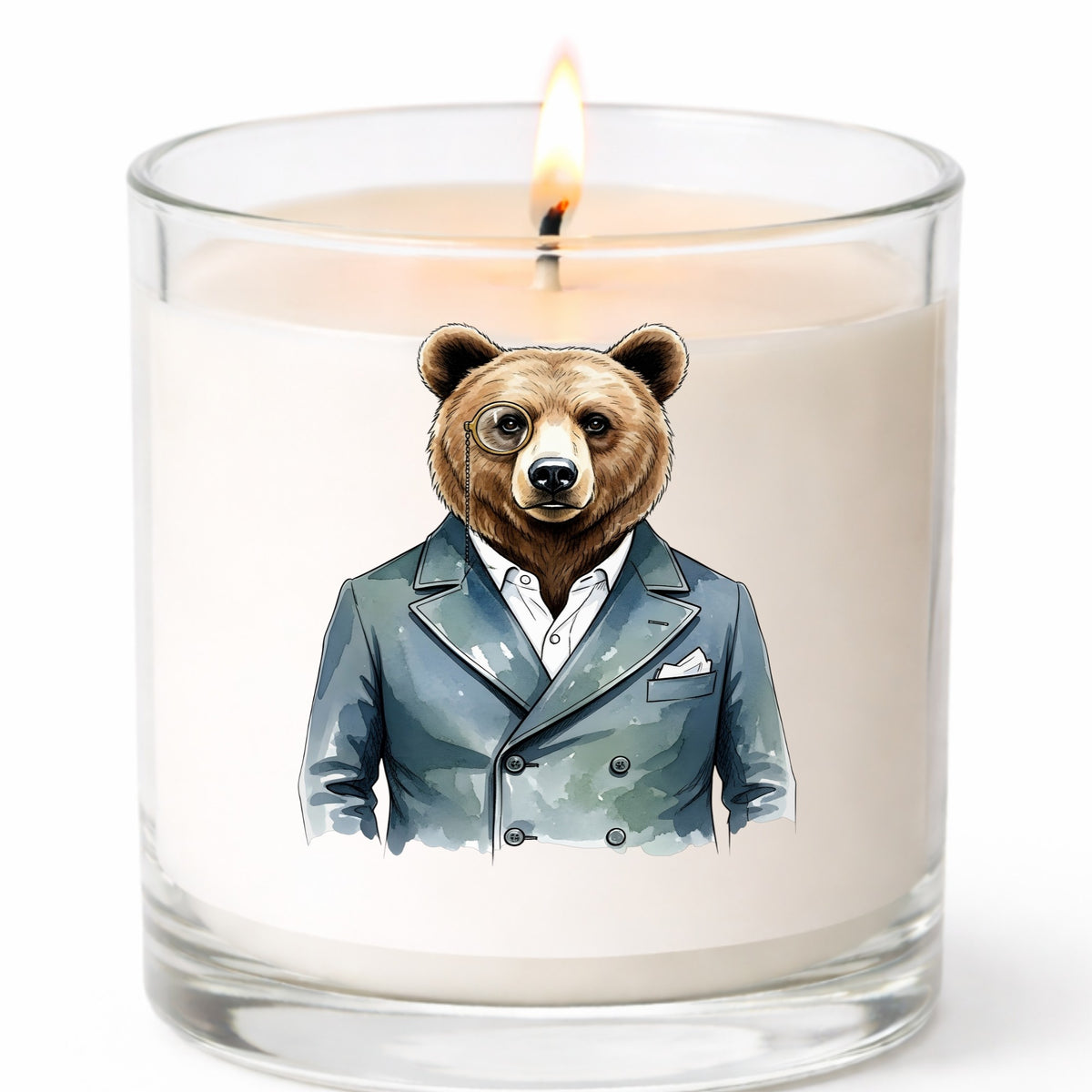 Bear With Monocle Blue Suit UV DTF sticker applied to a white candle in a clear glass jar