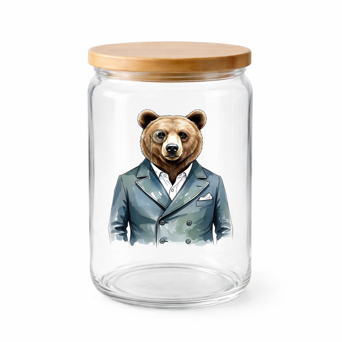 Bear With Monocle Blue Suit UV DTF sticker applied to a clear glass jar with a wooden lid