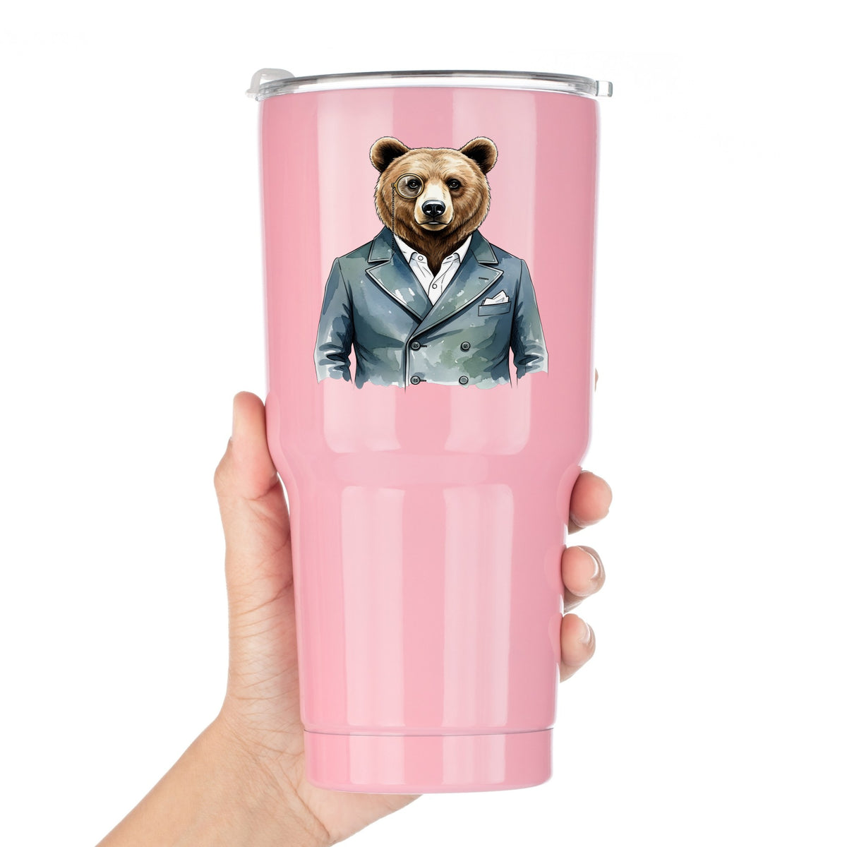 Bear With Monocle Blue Suit UV DTF sticker applied to a pink tumbler held against a white background