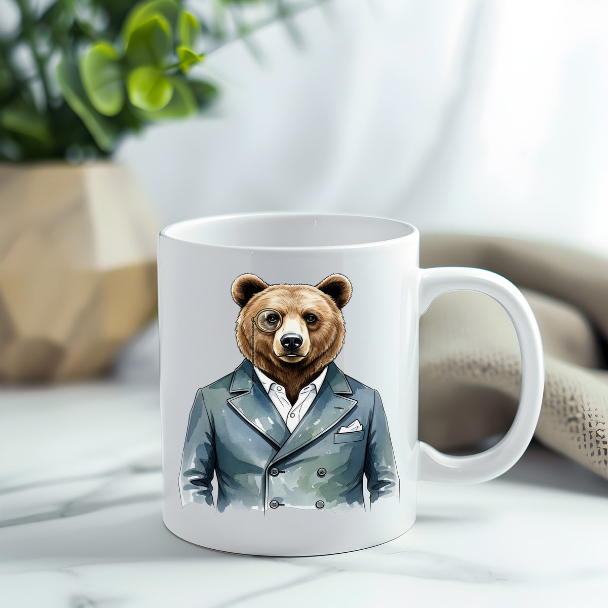 Bear With Monocle Blue Suit UV DTF sticker applied to a white coffee mug