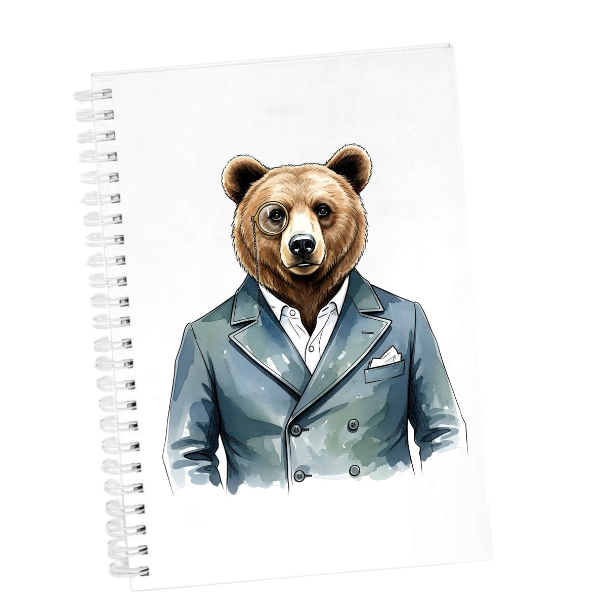 Bear With Monocle Blue Suit UV DTF sticker applied to the cover of a white spiral journal