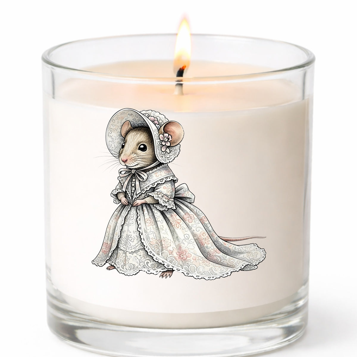 Mouse In Lace Bonnet Dress UV DTF sticker applied to a white candle in a clear glass jar