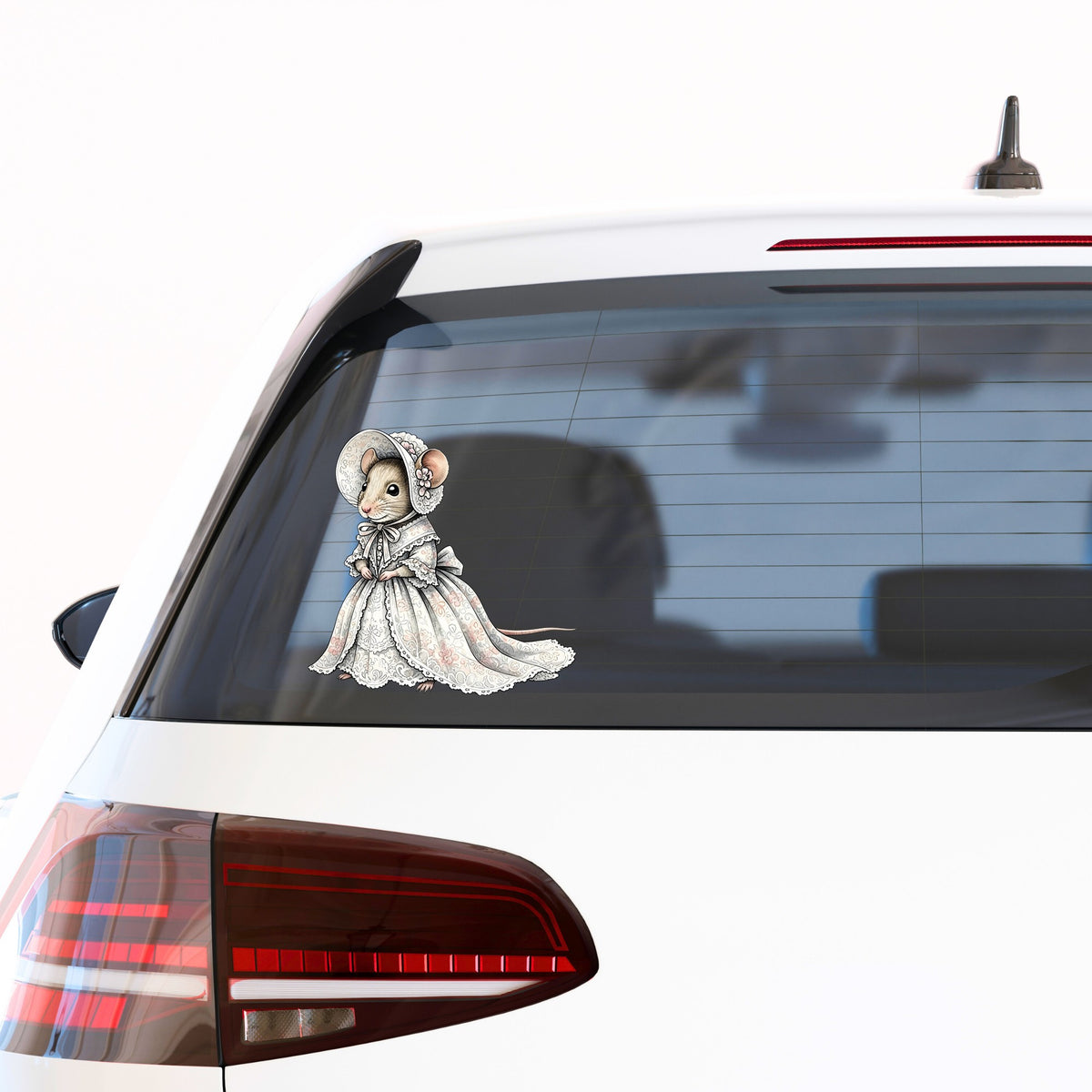 Mouse In Lace Bonnet Dress UV DTF sticker applied to the rear window of a white car