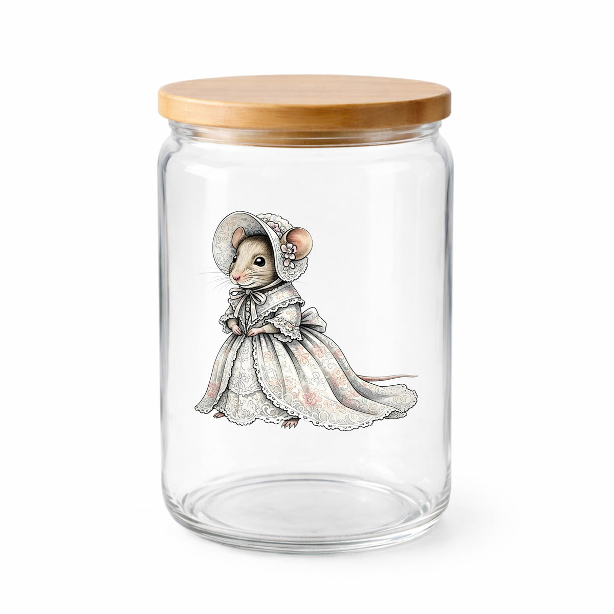 Mouse In Lace Bonnet Dress UV DTF sticker applied to a clear glass jar with a wooden lid
