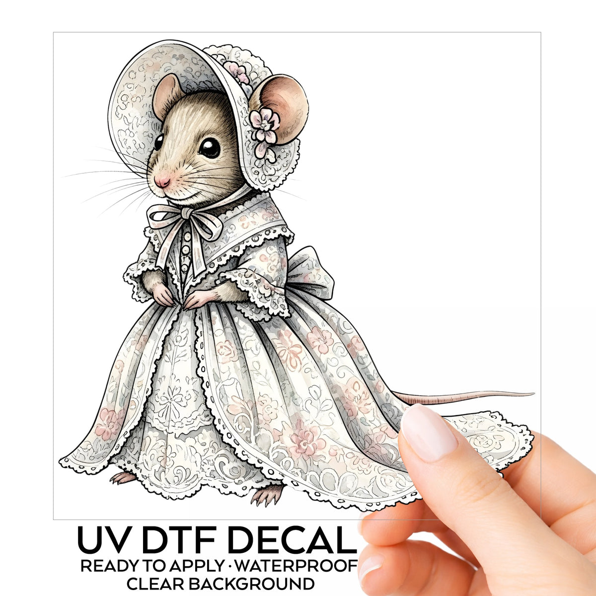 Mouse In Lace Bonnet Dress UV DTF sticker on its backing card, held in hand