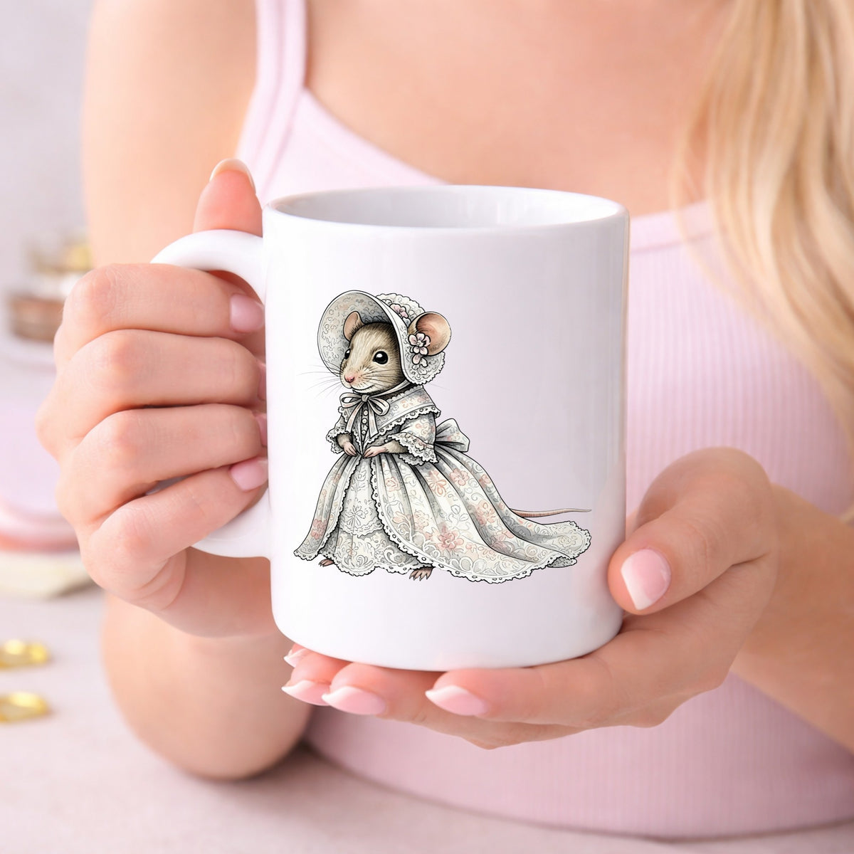 Mouse In Lace Bonnet Dress UV DTF sticker applied to a white coffee mug held in both hands