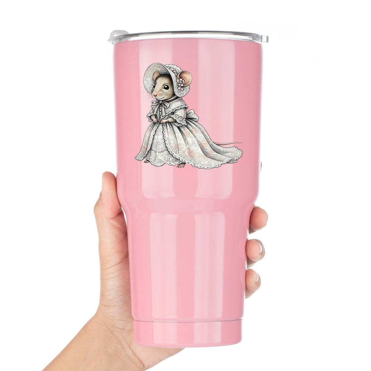 Mouse In Lace Bonnet Dress UV DTF sticker applied to a pink tumbler held against a white background