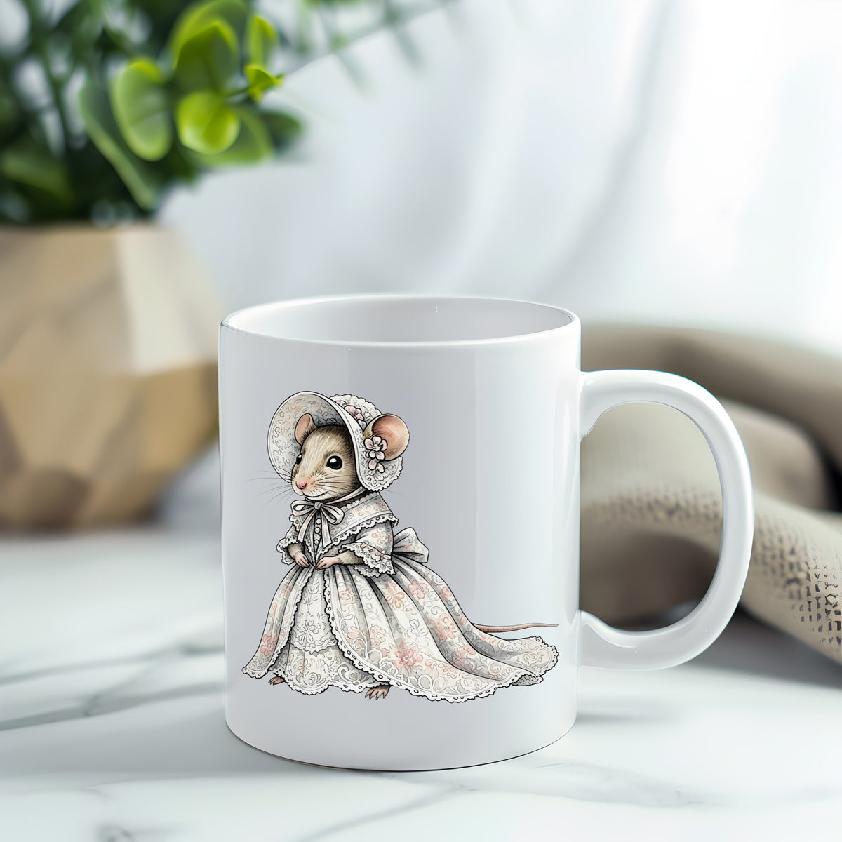 Mouse In Lace Bonnet Dress UV DTF sticker applied to a white coffee mug