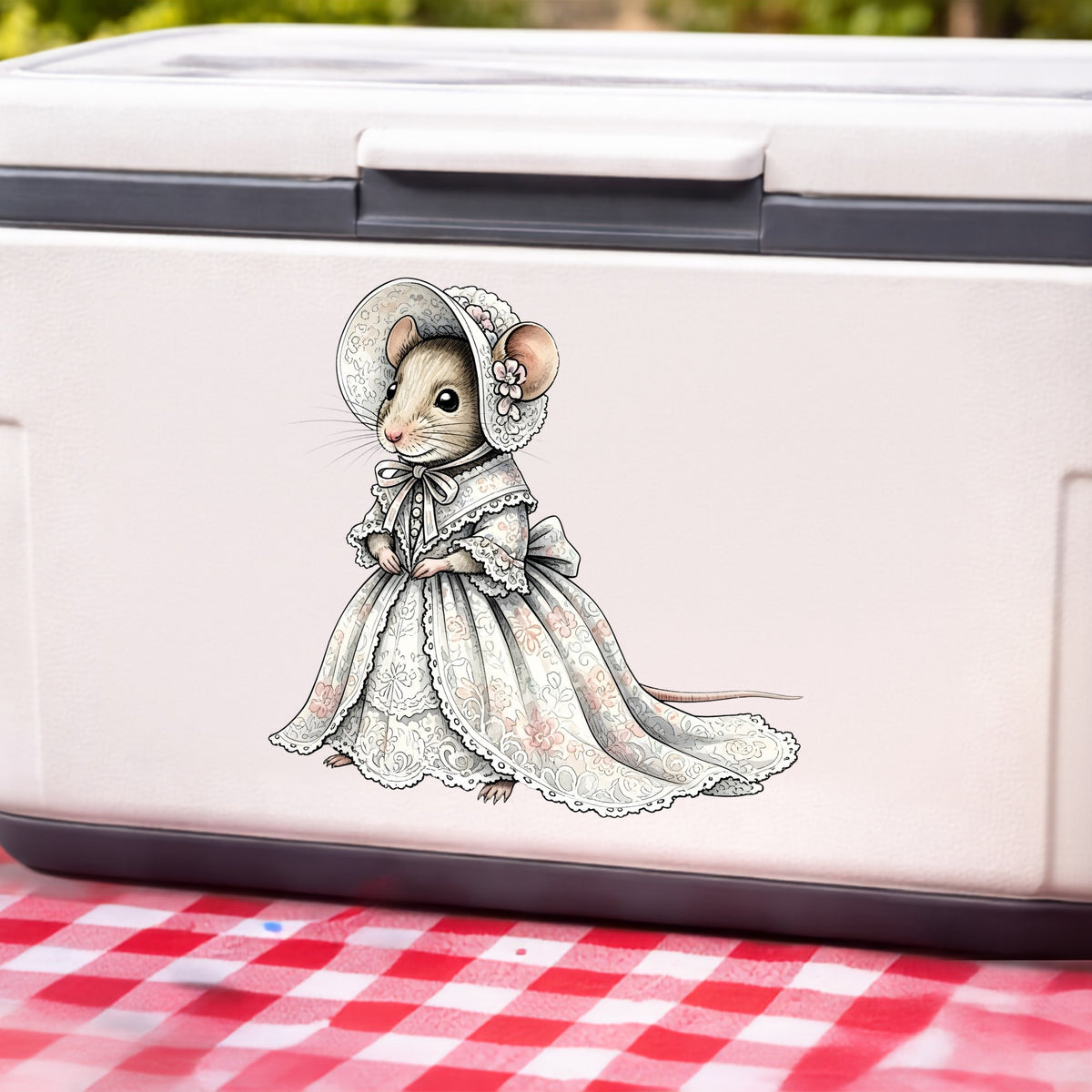 Mouse In Lace Bonnet Dress UV DTF sticker applied to a white cooler on a red gingham cloth