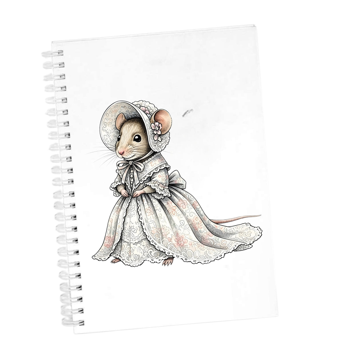 Mouse In Lace Bonnet Dress UV DTF sticker applied to the cover of a white spiral journal