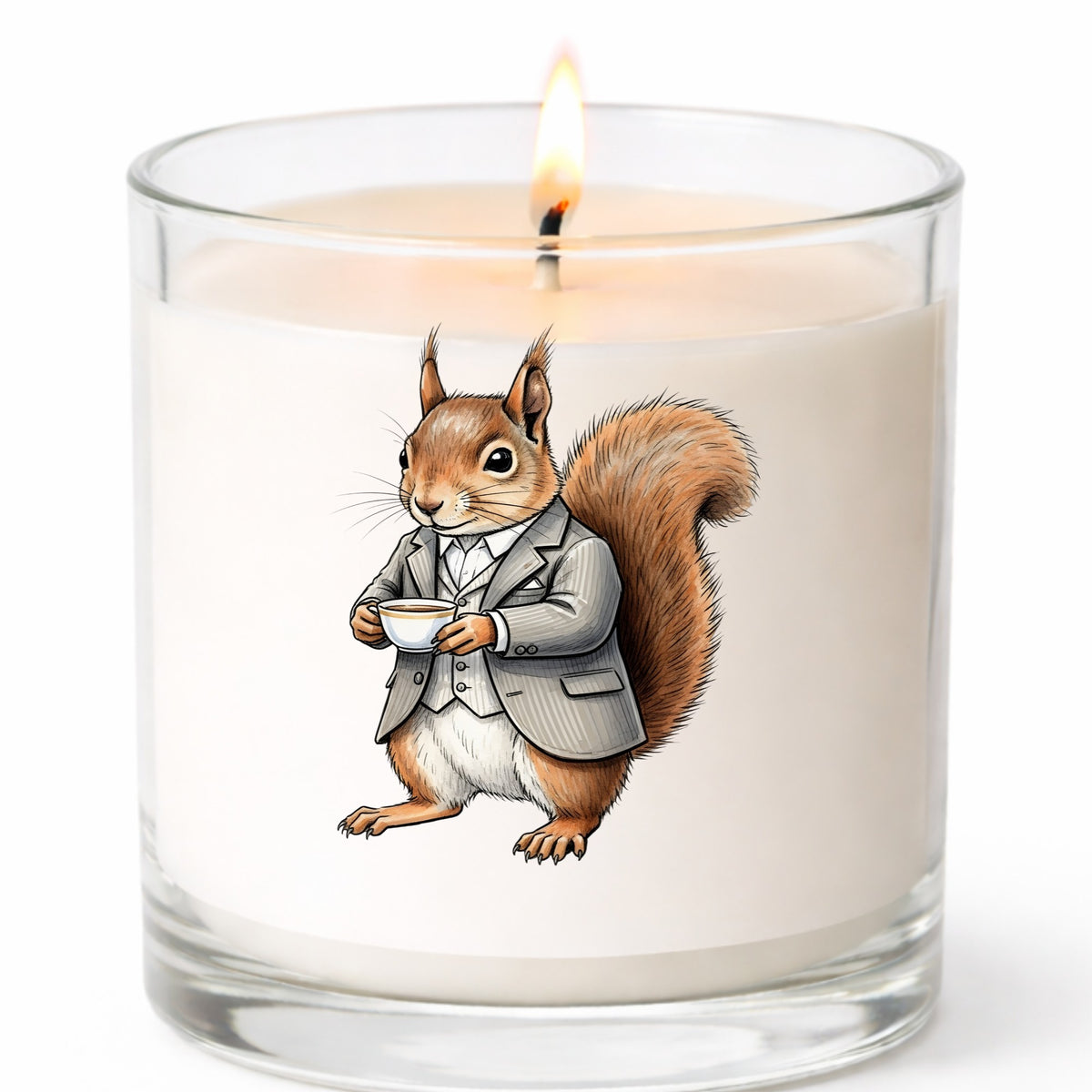 Red Squirrel Holding Teacup UV DTF sticker applied to a white candle in a clear glass jar