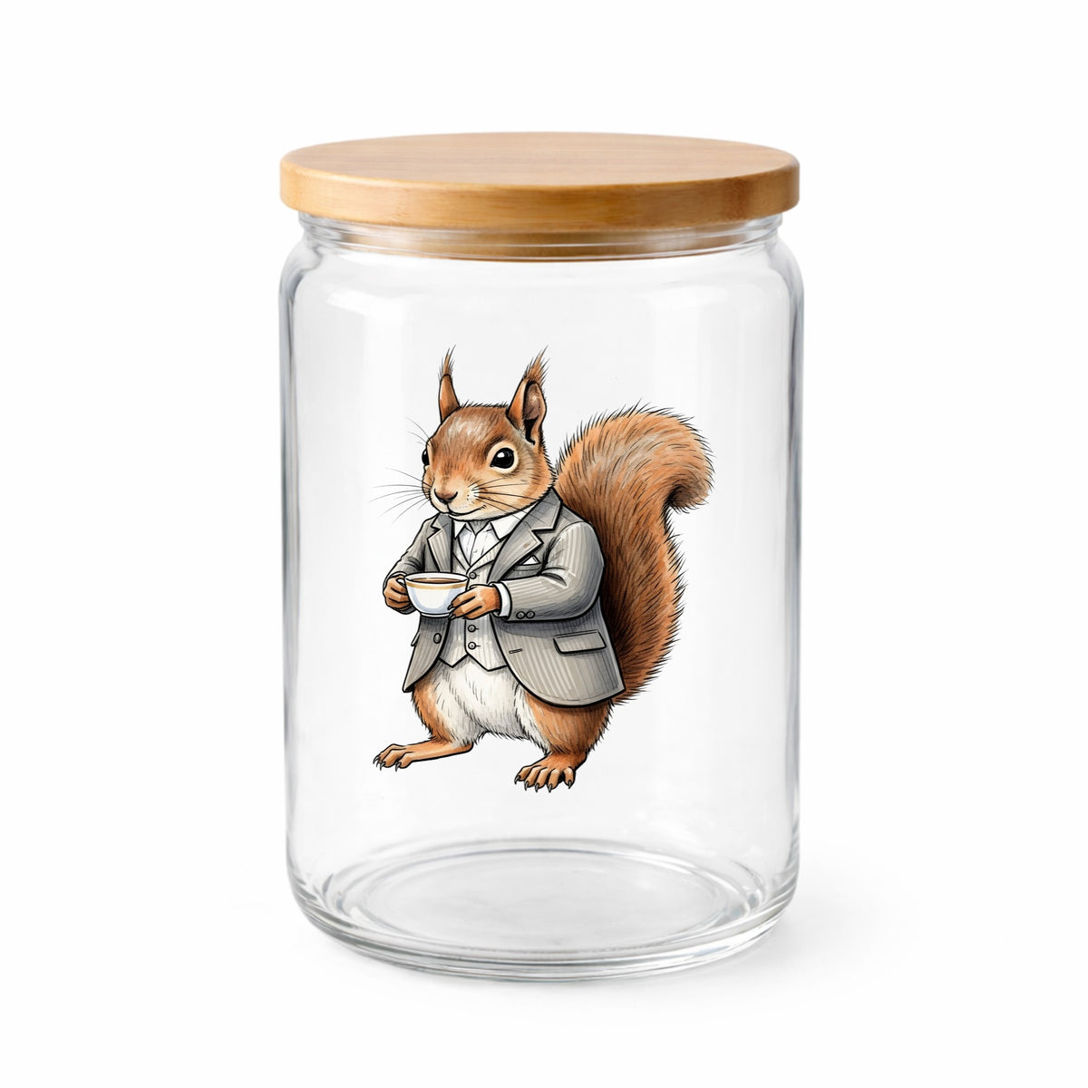 Red Squirrel Holding Teacup UV DTF sticker applied to a clear glass jar with a wooden lid