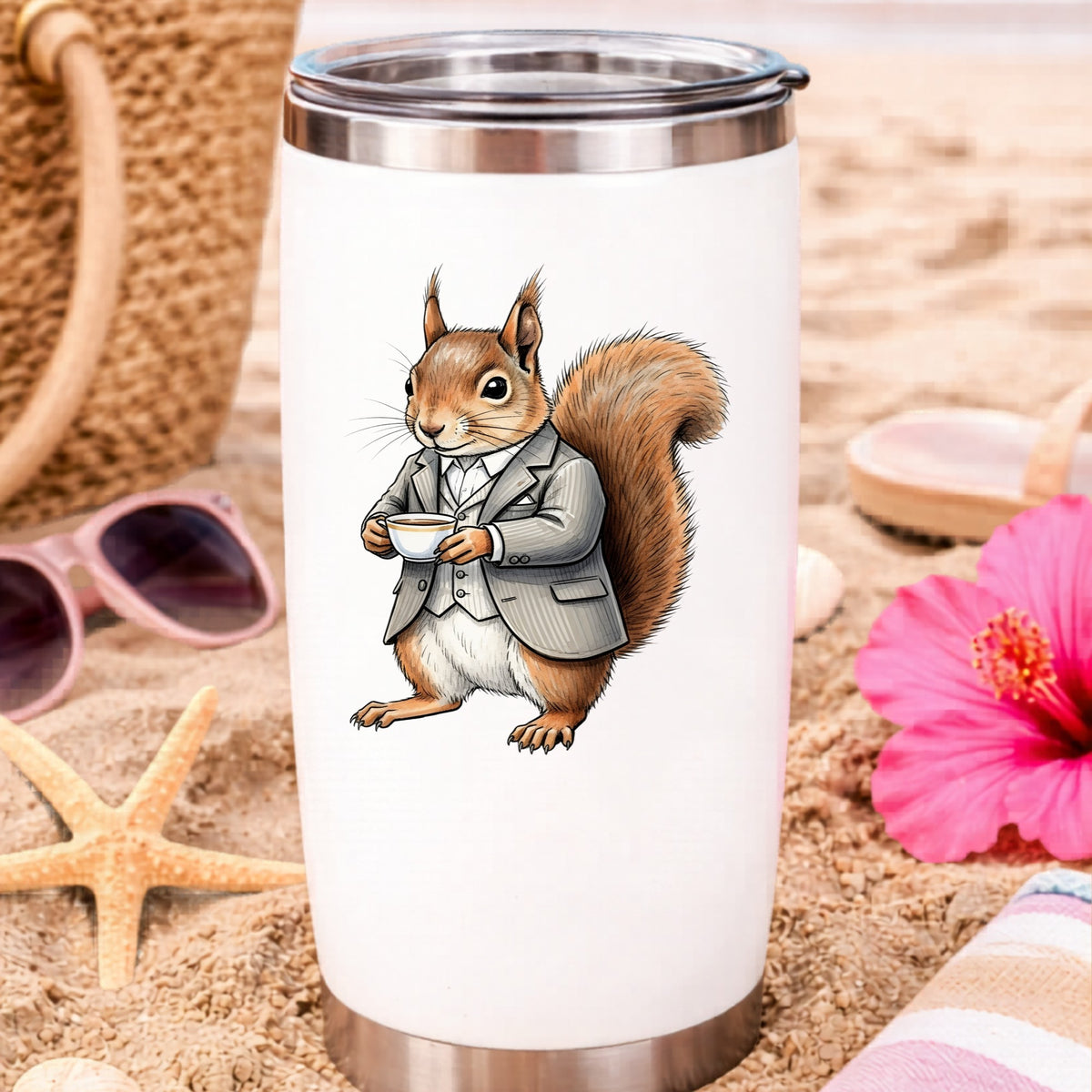 Red Squirrel Holding Teacup UV DTF sticker applied to a white travel tumbler on beach sand
