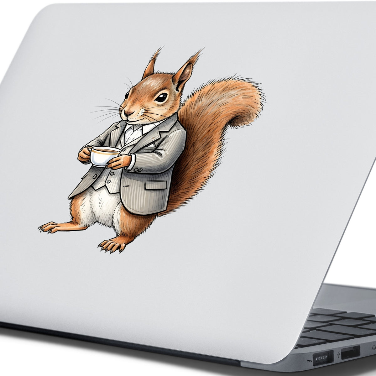 Red Squirrel Holding Teacup UV DTF sticker applied to the lid of a silver laptop