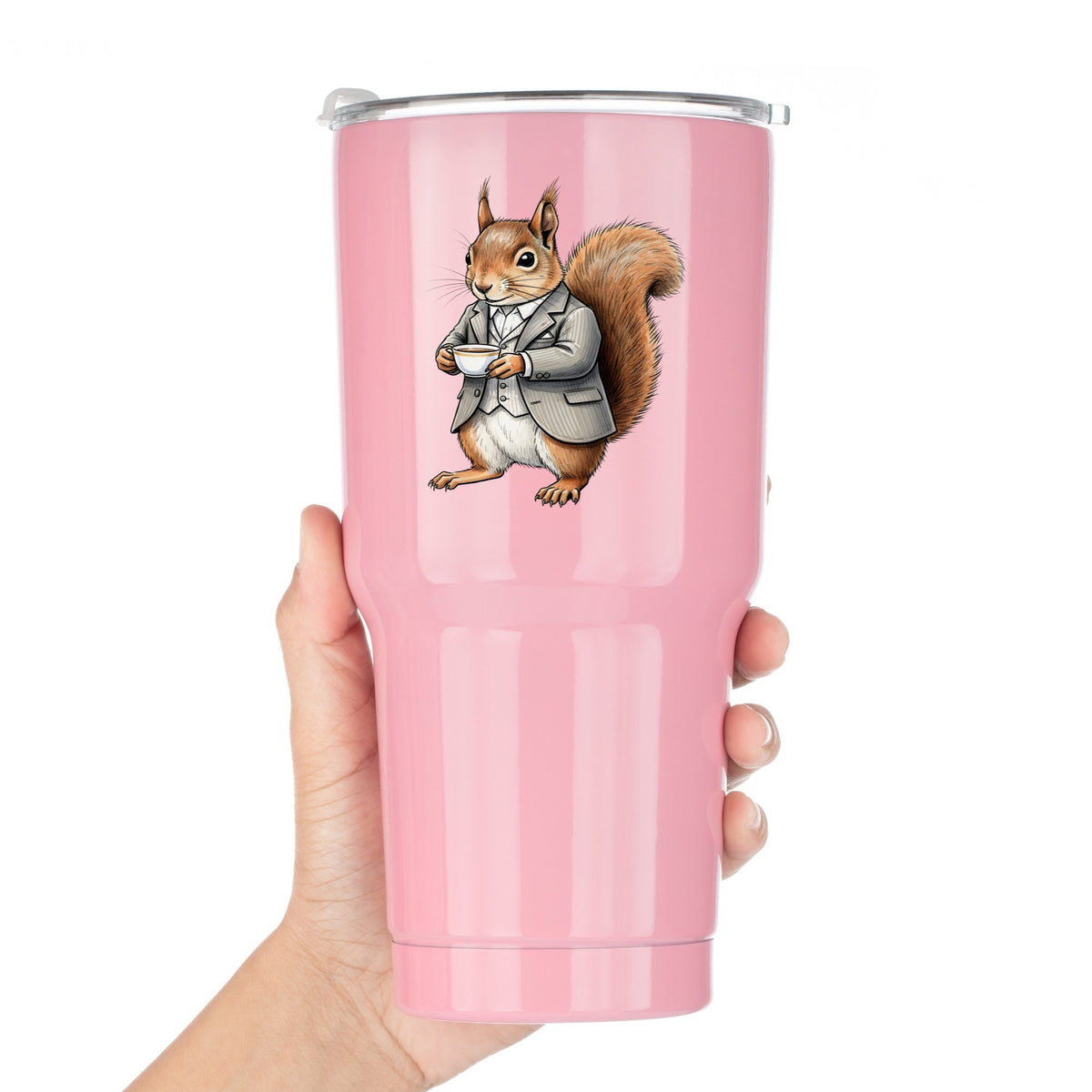 Red Squirrel Holding Teacup UV DTF sticker applied to a pink tumbler held against a white background