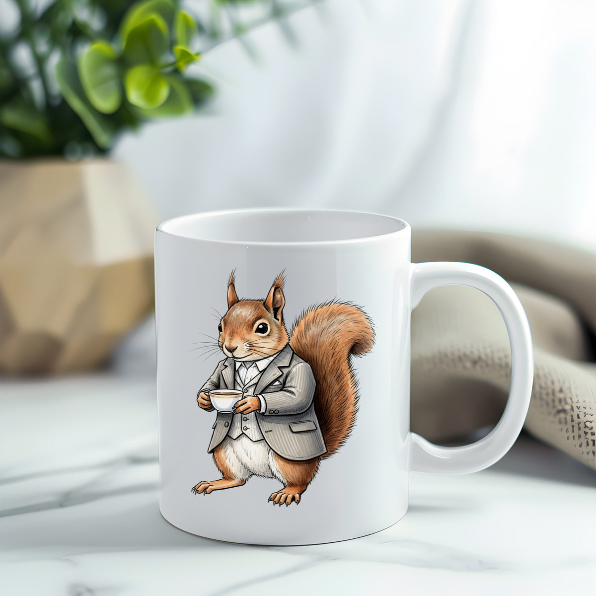 Red Squirrel Holding Teacup UV DTF sticker applied to a white coffee mug