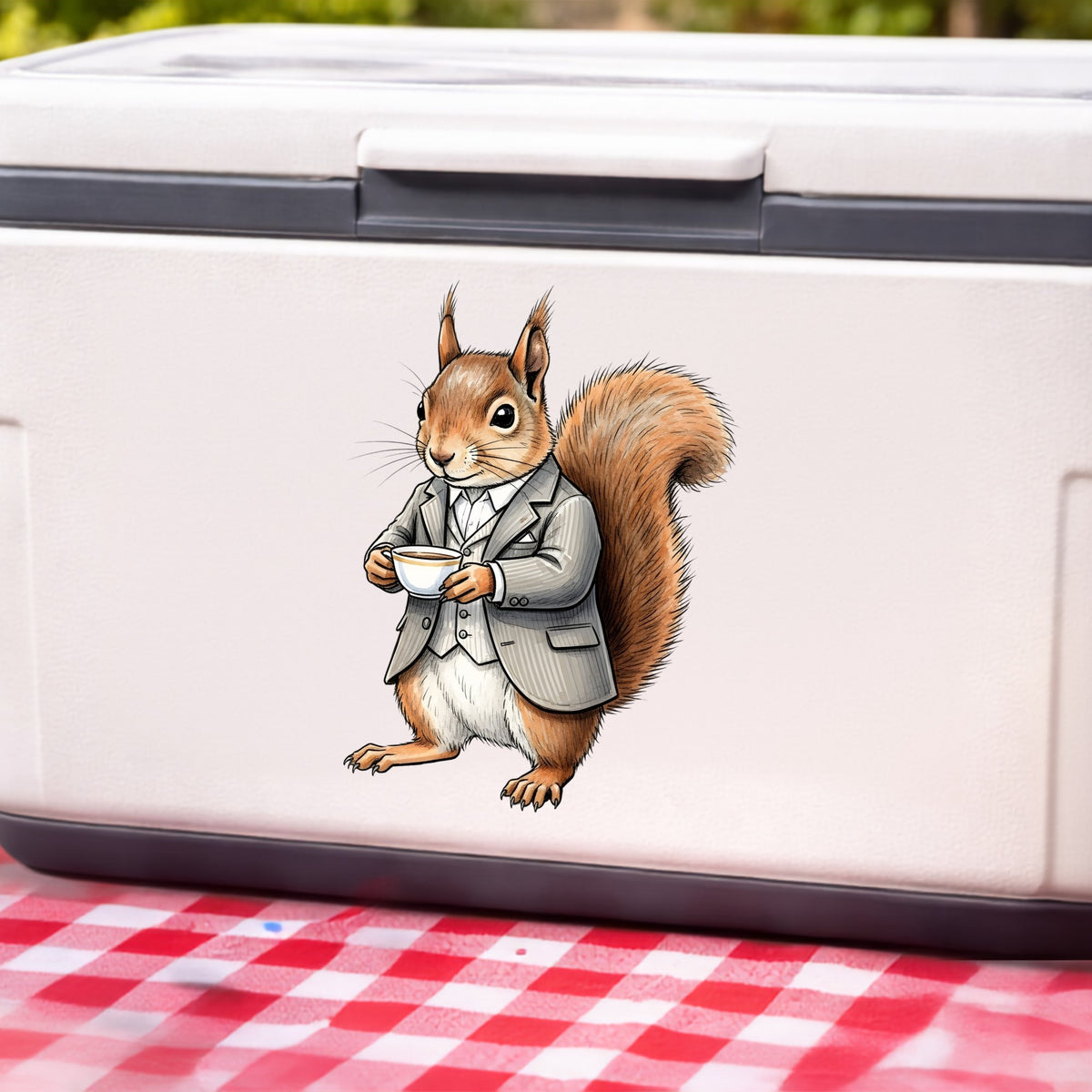 Red Squirrel Holding Teacup UV DTF sticker applied to a white cooler on a red gingham cloth