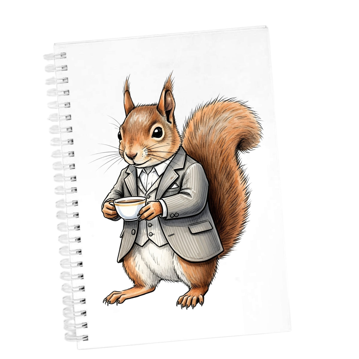 Red Squirrel Holding Teacup UV DTF sticker applied to the cover of a white spiral journal