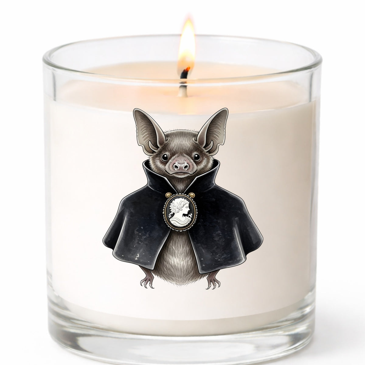 Bat In Black Cape Cameo UV DTF sticker applied to a white candle in a clear glass jar