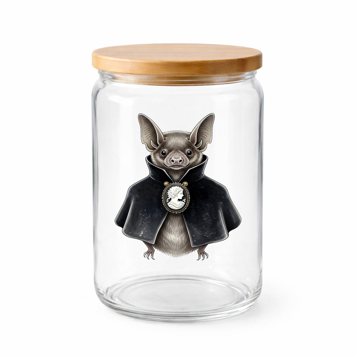Bat In Black Cape Cameo UV DTF sticker applied to a clear glass jar with a wooden lid