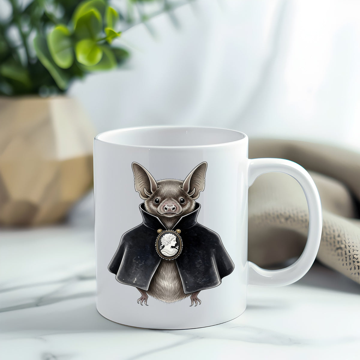 Bat In Black Cape Cameo UV DTF sticker applied to a white coffee mug