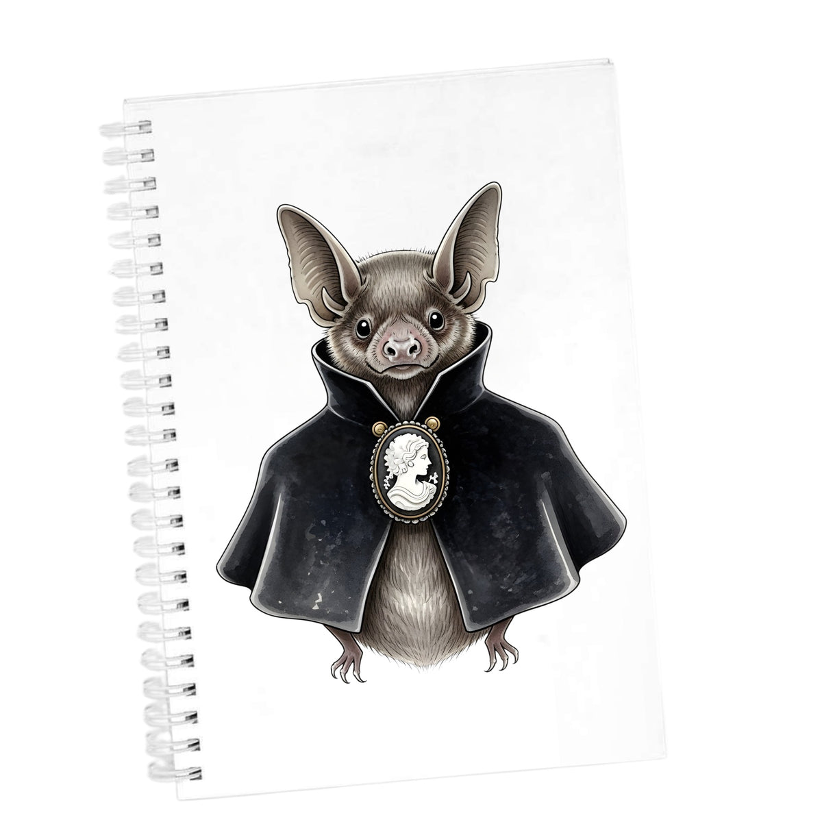 Bat In Black Cape Cameo UV DTF sticker applied to the cover of a white spiral journal