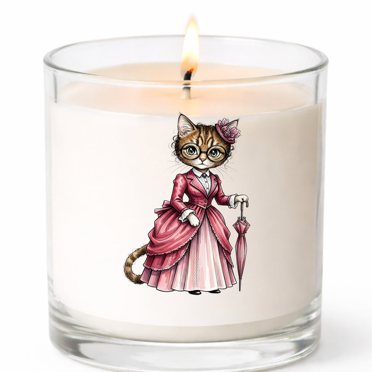 Tabby Cat Pink Victorian Dress UV DTF sticker applied to a white candle in a clear glass jar