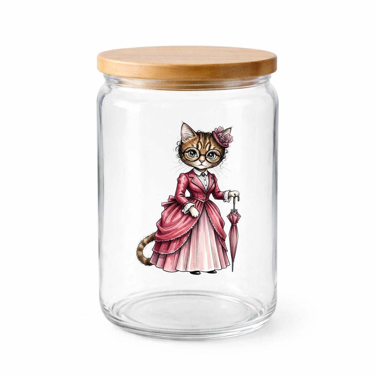 Tabby Cat Pink Victorian Dress UV DTF sticker applied to a clear glass jar with a wooden lid