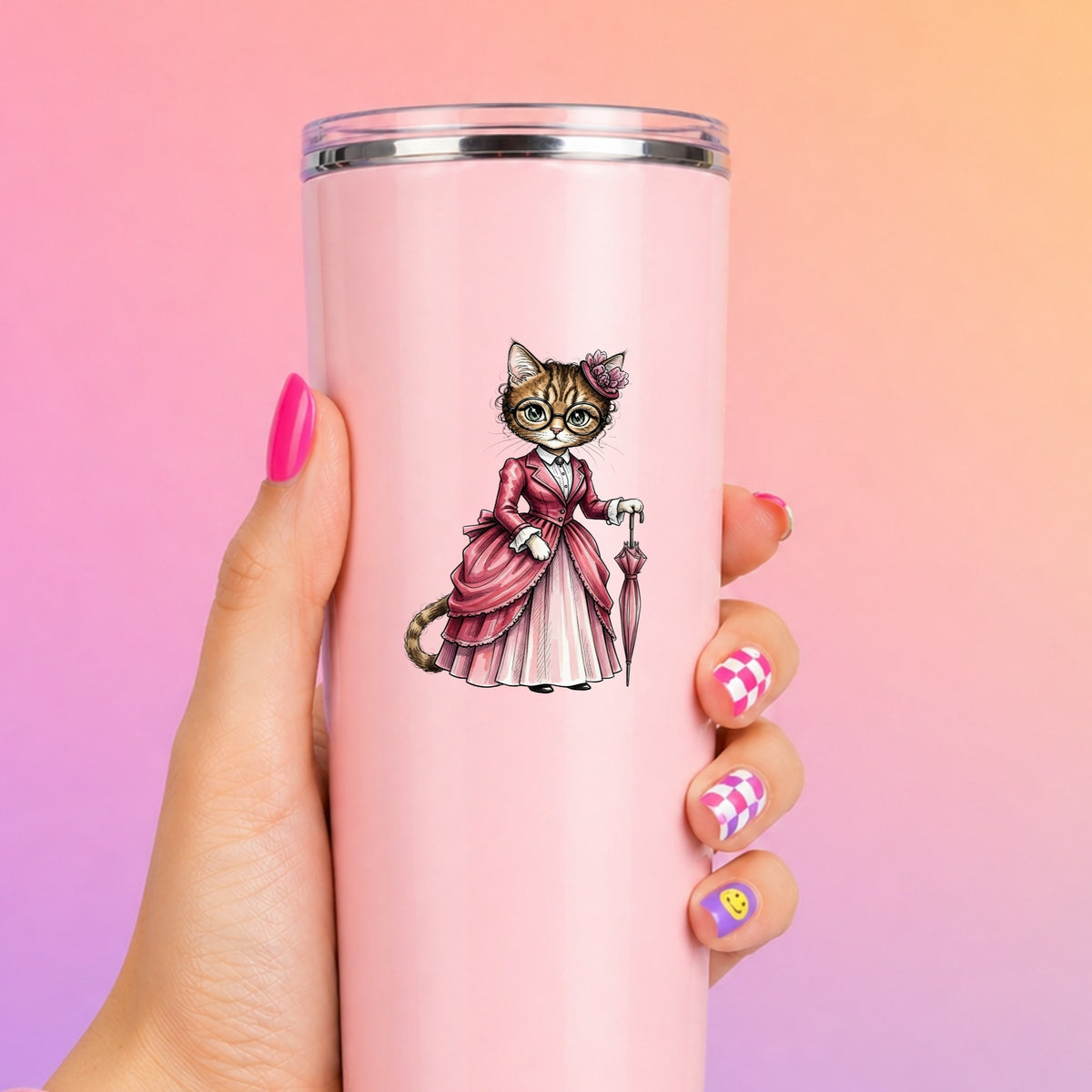 Tabby Cat Pink Victorian Dress UV DTF sticker applied to a tall pink tumbler on a pink and orange background