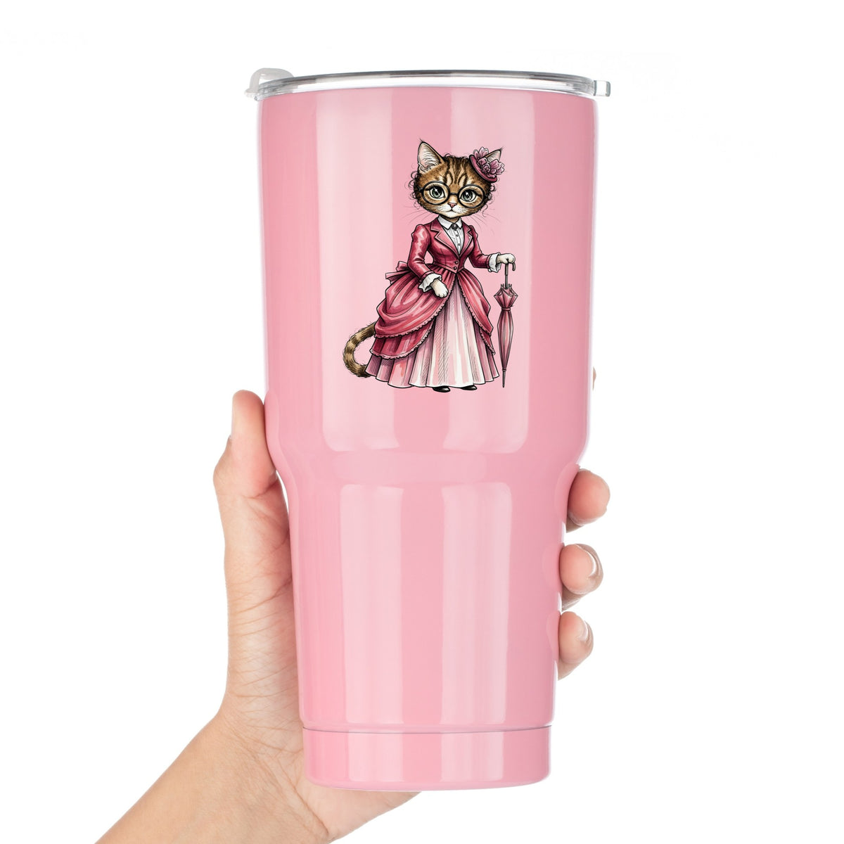Tabby Cat Pink Victorian Dress UV DTF sticker applied to a pink tumbler held against a white background