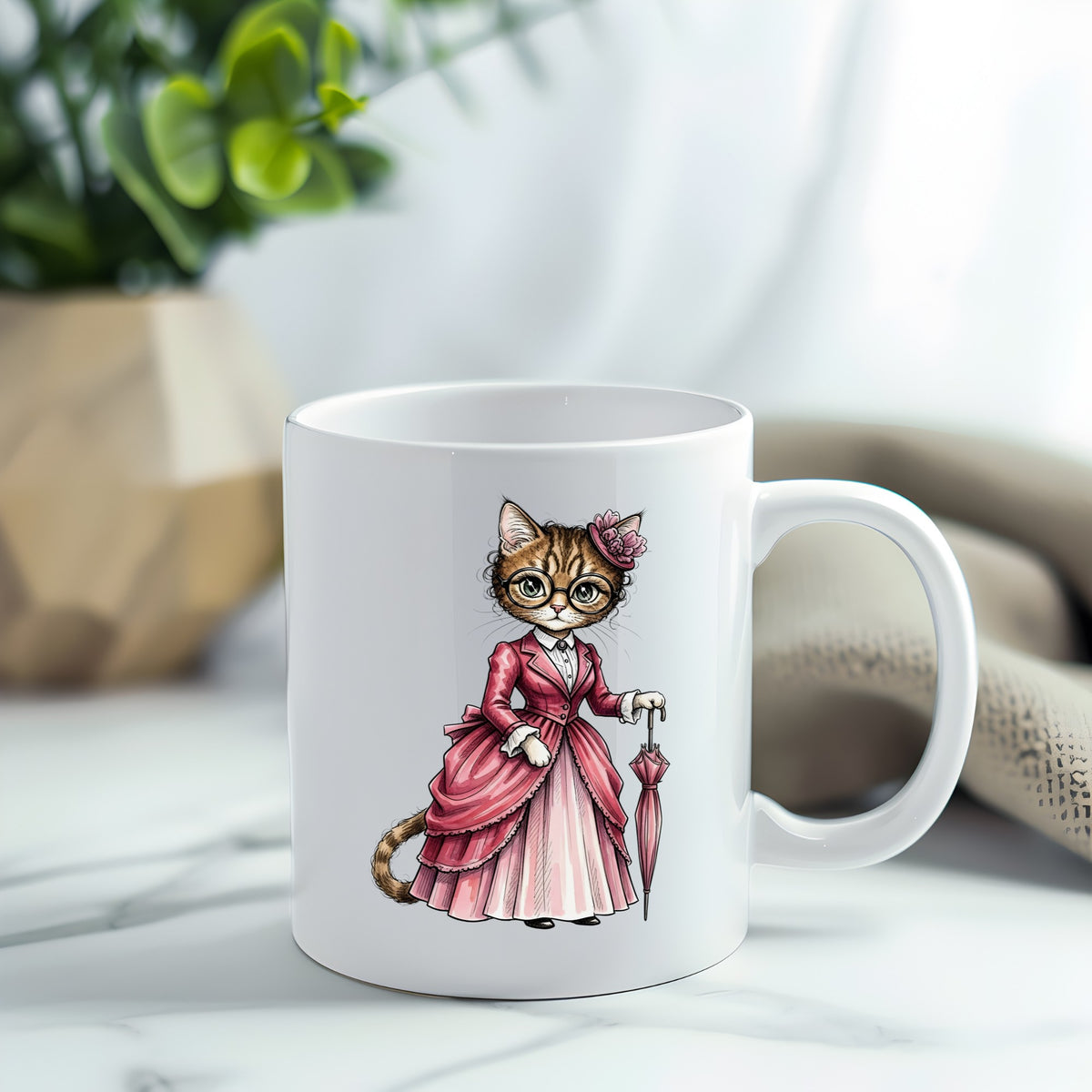 Tabby Cat Pink Victorian Dress UV DTF sticker applied to a white coffee mug