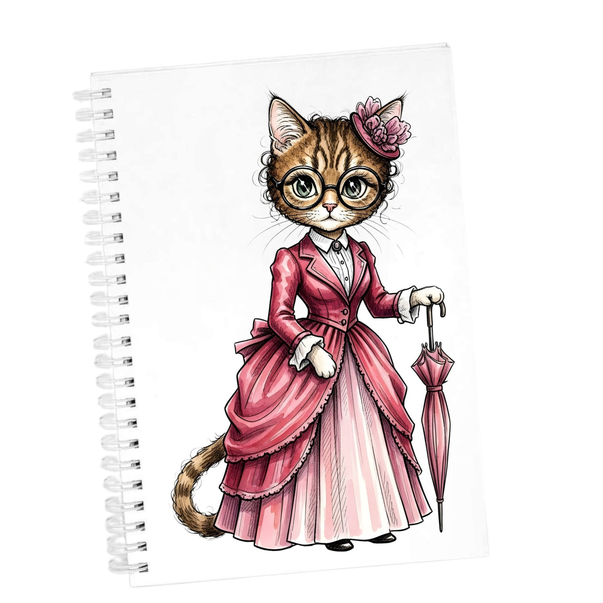 Tabby Cat Pink Victorian Dress UV DTF sticker applied to the cover of a white spiral journal