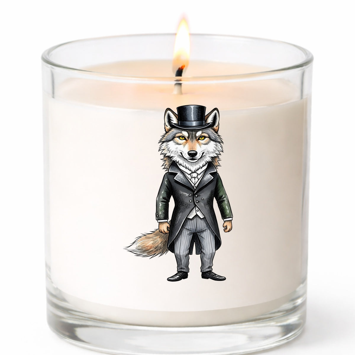 Gray Wolf Top Hat Tailcoat UV DTF sticker applied to a white candle in a clear glass jar