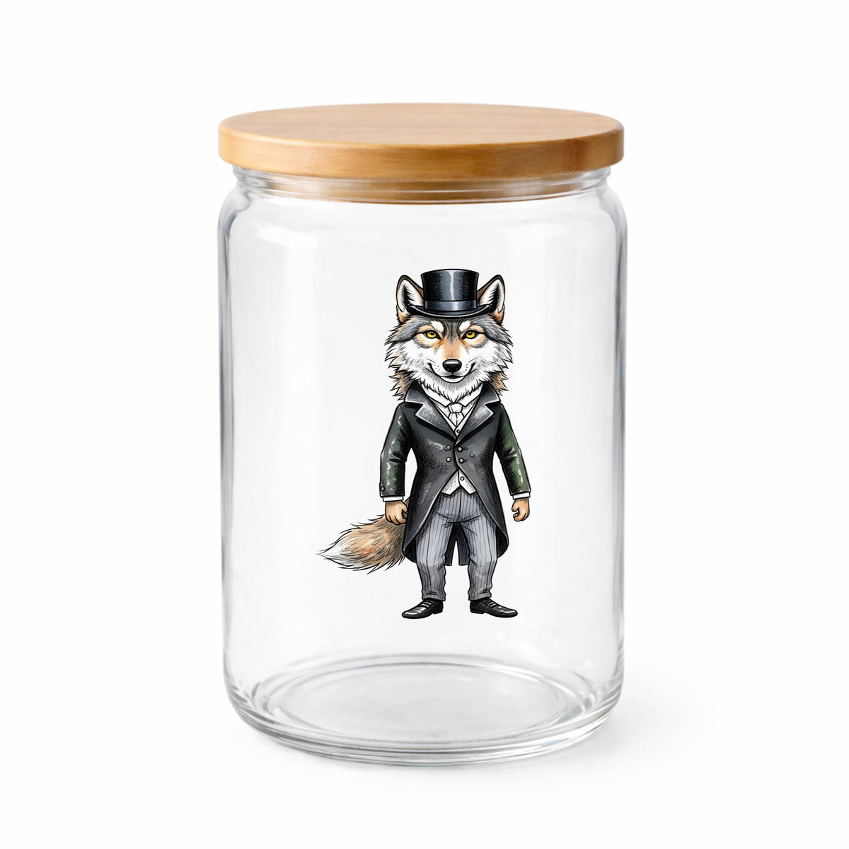 Gray Wolf Top Hat Tailcoat UV DTF sticker applied to a clear glass jar with a wooden lid