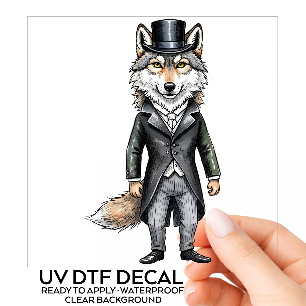 Gray Wolf Top Hat Tailcoat UV DTF sticker on its backing card, held in hand