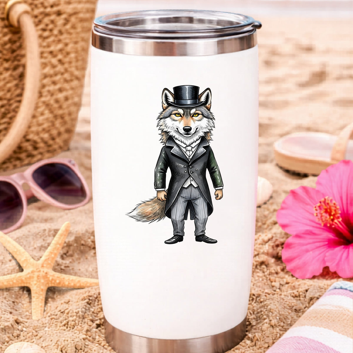 Gray Wolf Top Hat Tailcoat UV DTF sticker applied to a white travel tumbler on beach sand