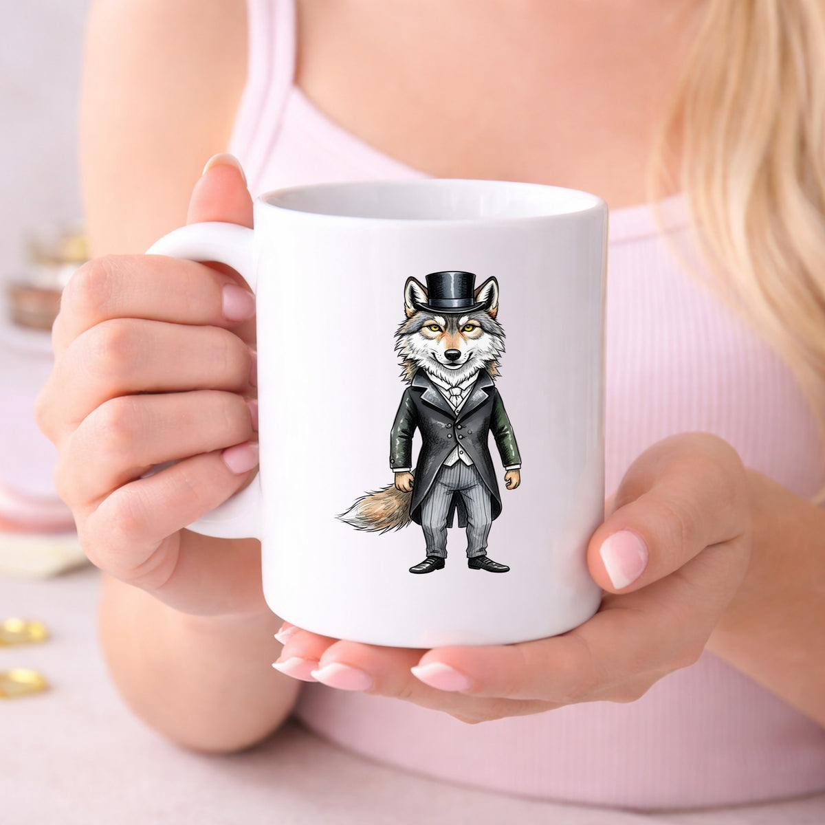 Gray Wolf Top Hat Tailcoat UV DTF sticker applied to a white coffee mug held in both hands