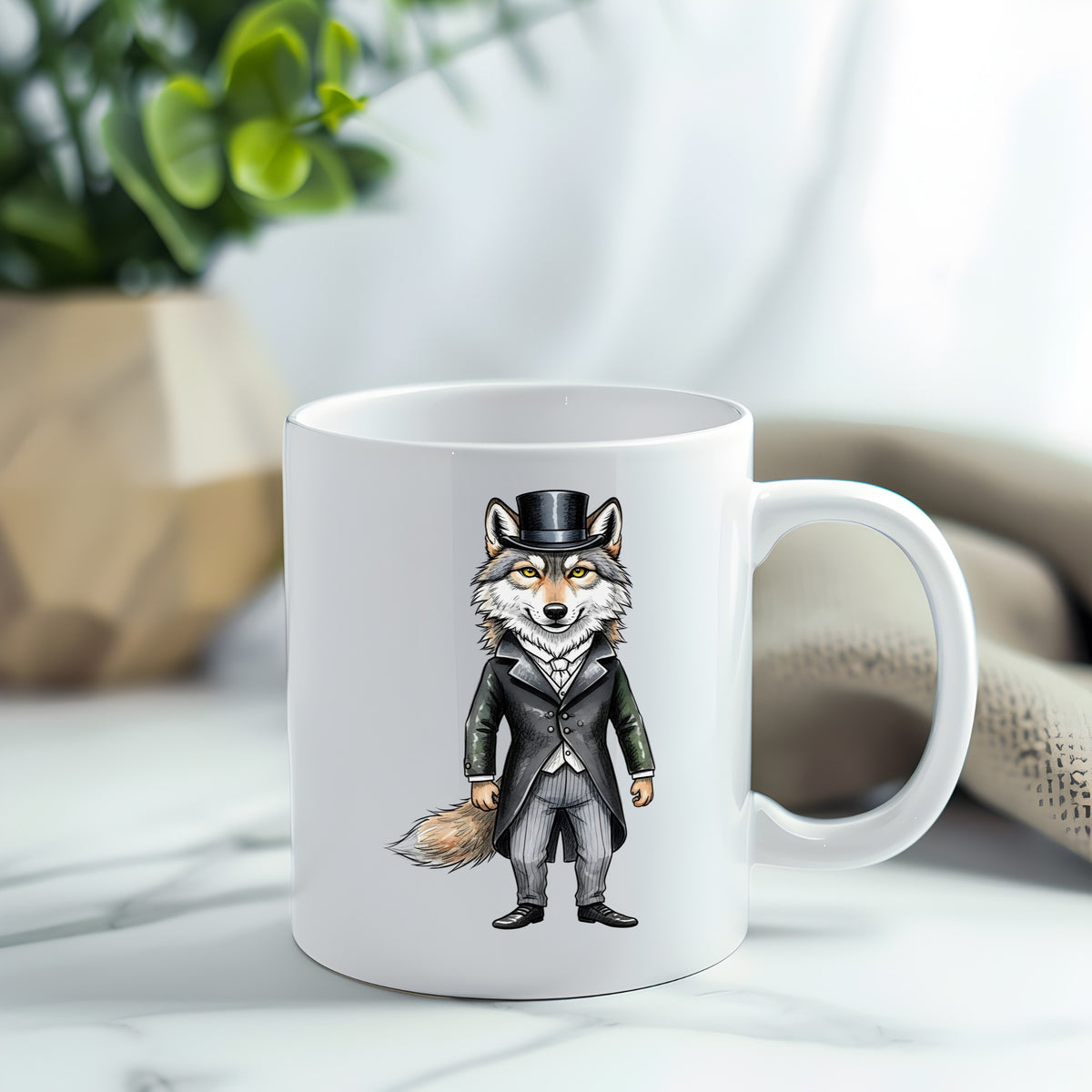 Gray Wolf Top Hat Tailcoat UV DTF sticker applied to a white coffee mug