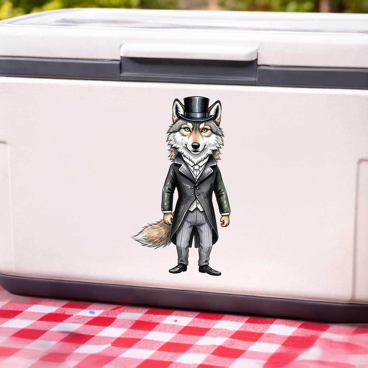 Gray Wolf Top Hat Tailcoat UV DTF sticker applied to a white cooler on a red gingham cloth