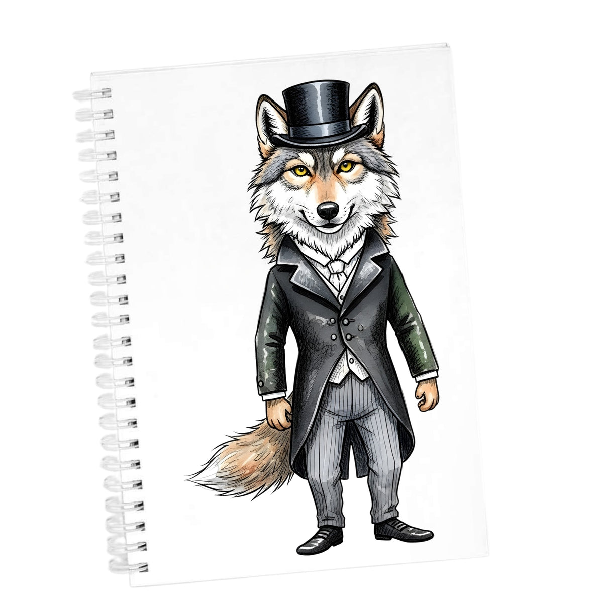 Gray Wolf Top Hat Tailcoat UV DTF sticker applied to the cover of a white spiral journal