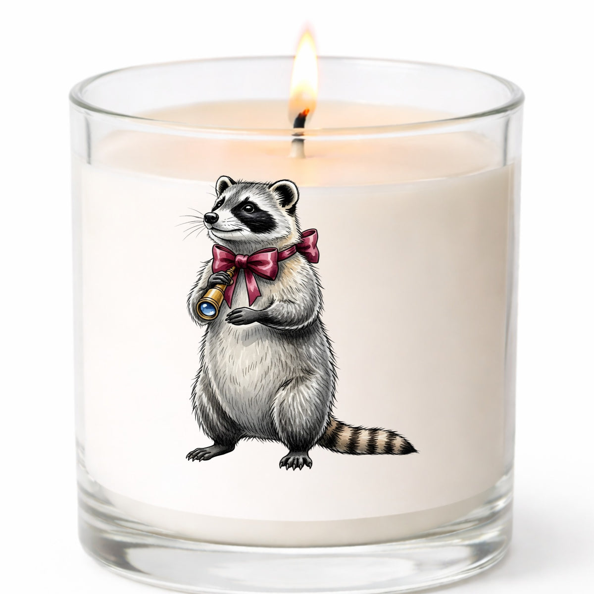 Raccoon With Spyglass Red Bow UV DTF sticker applied to a white candle in a clear glass jar