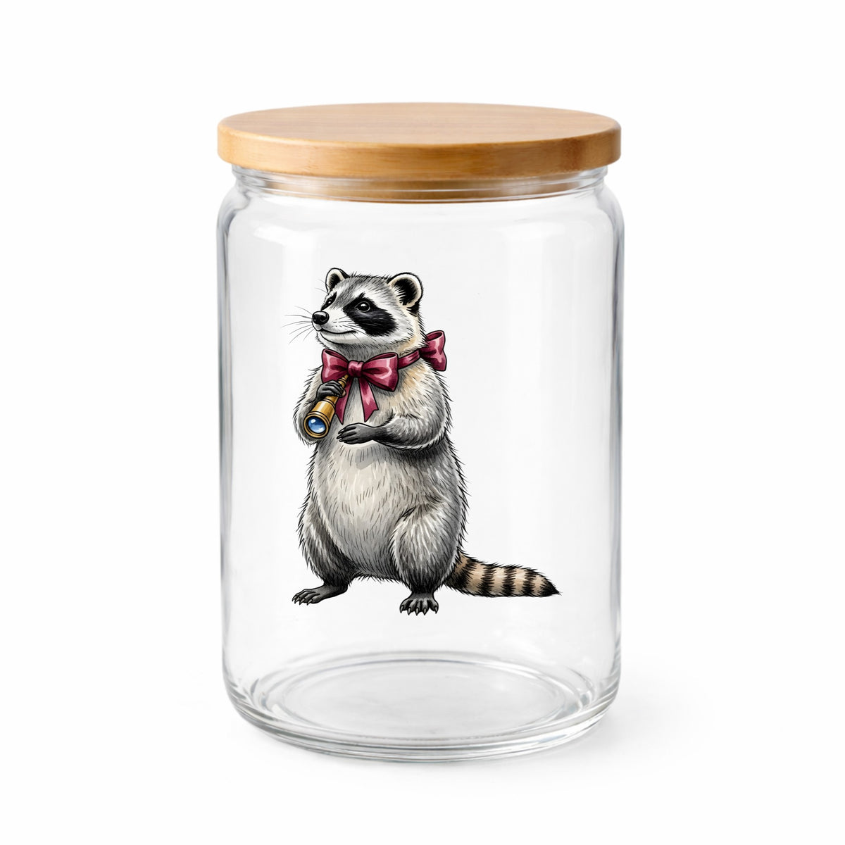 Raccoon With Spyglass Red Bow UV DTF sticker applied to a clear glass jar with a wooden lid