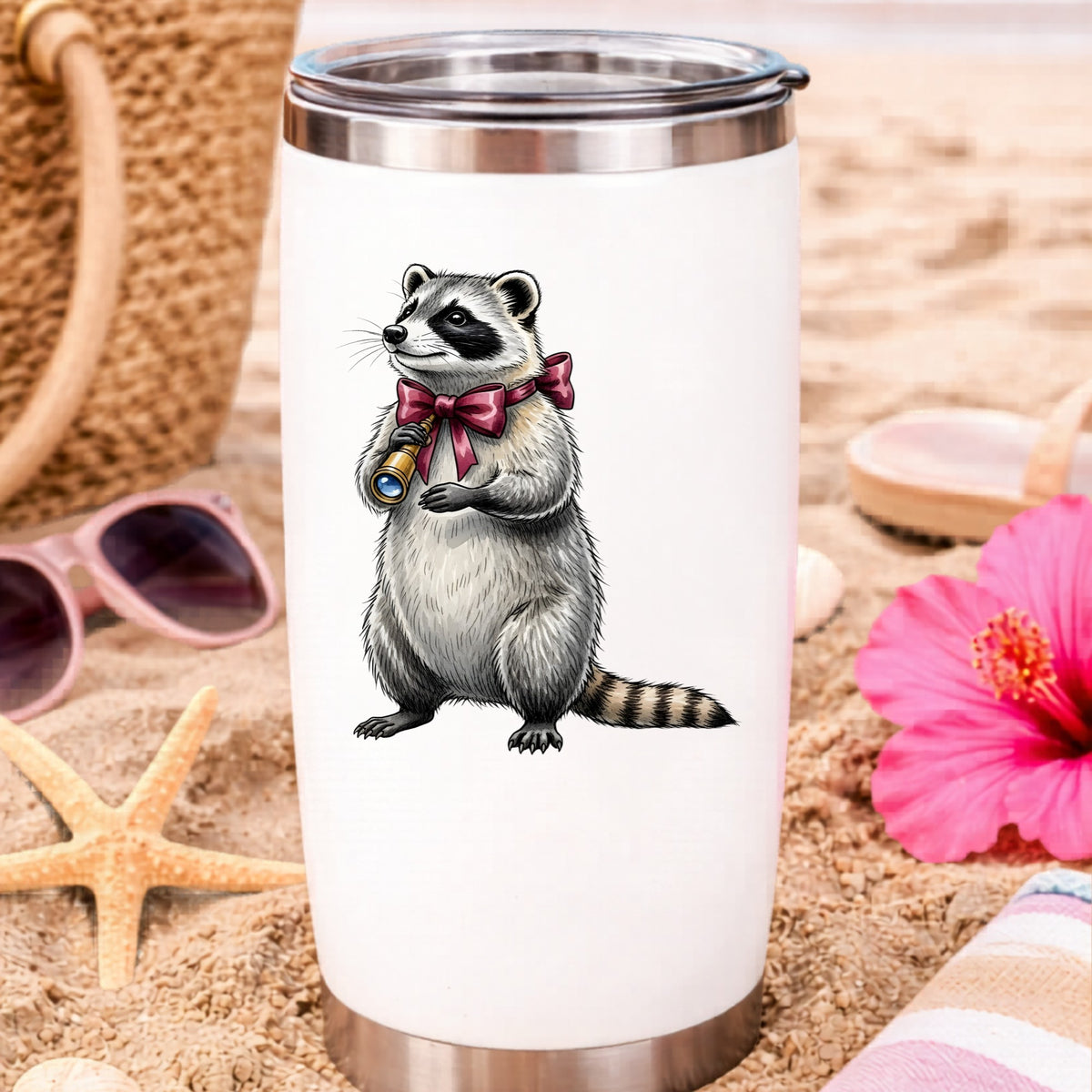 Raccoon With Spyglass Red Bow UV DTF sticker applied to a white travel tumbler on beach sand