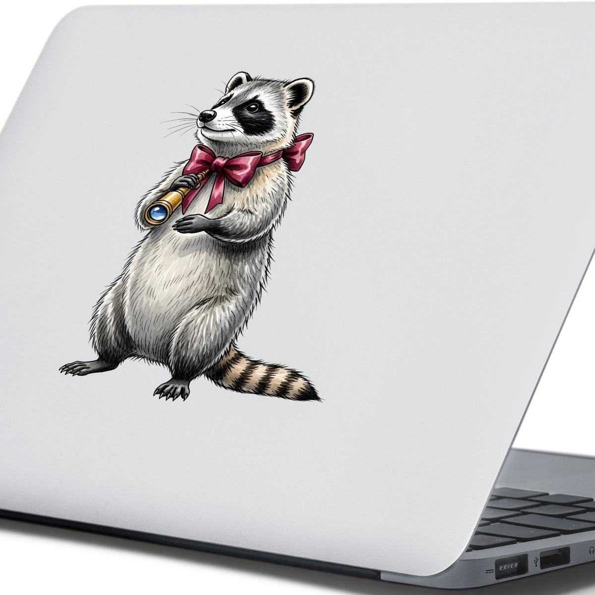 Raccoon With Spyglass Red Bow UV DTF sticker applied to the lid of a silver laptop