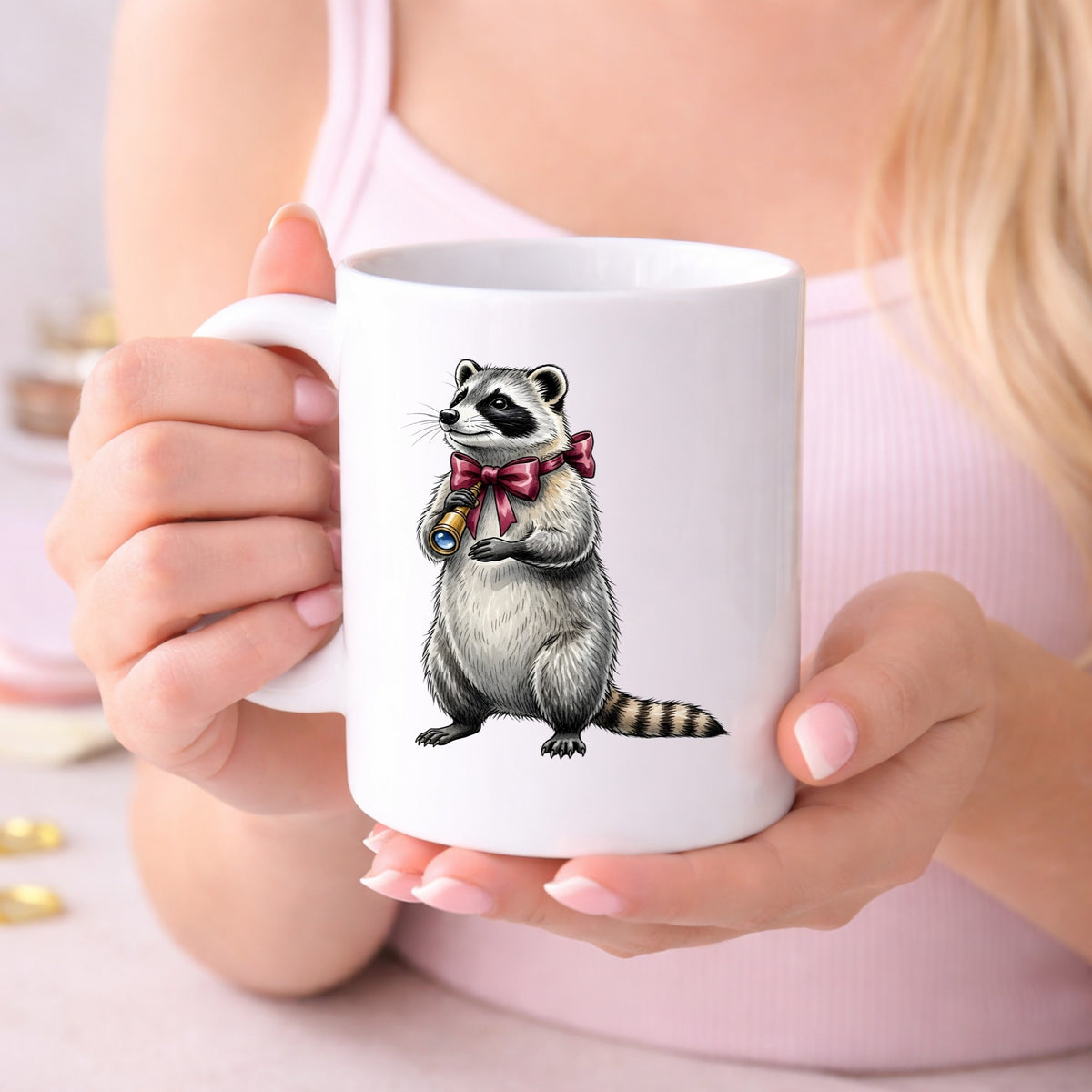 Raccoon With Spyglass Red Bow UV DTF sticker applied to a white coffee mug held in both hands