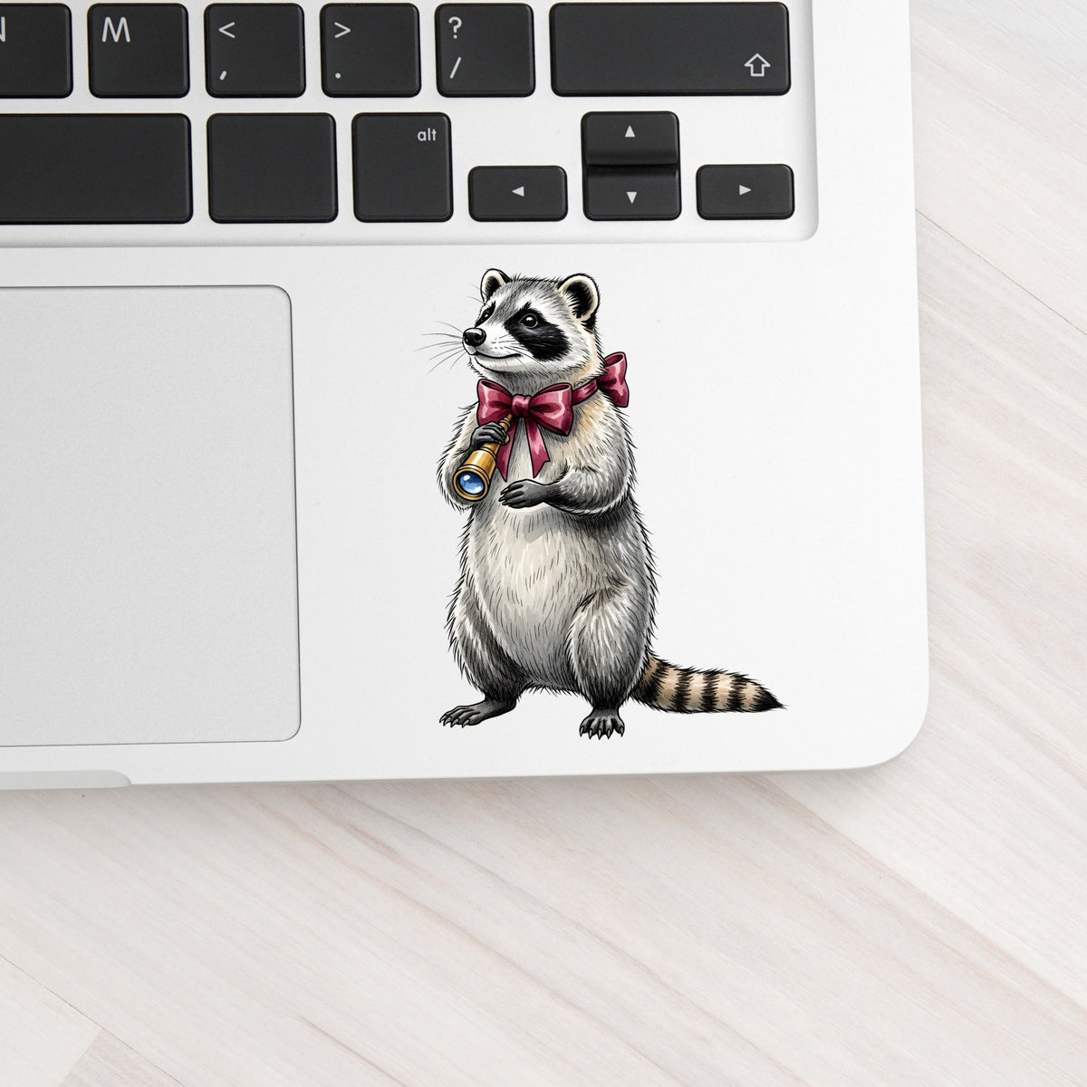Raccoon With Spyglass Red Bow UV DTF sticker applied to a silver laptop beside the keyboard