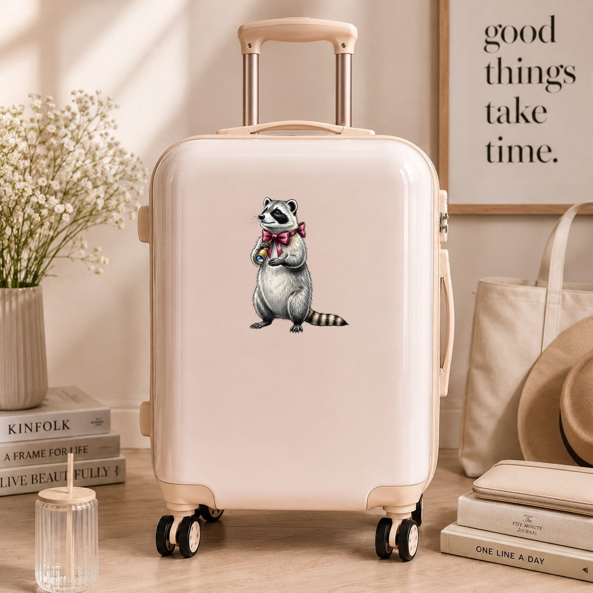 Raccoon With Spyglass Red Bow UV DTF sticker applied to a cream carry-on suitcase